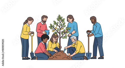 Diverse team collaborates planting a vibrant fruit tree, symbolizing growth and teamwork in a bright, optimistic setting