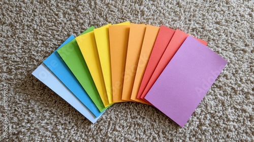 A vibrant collection of colored paper sheets arranged in a fan shape, showcasing a spectrum of hues on a textured surface.