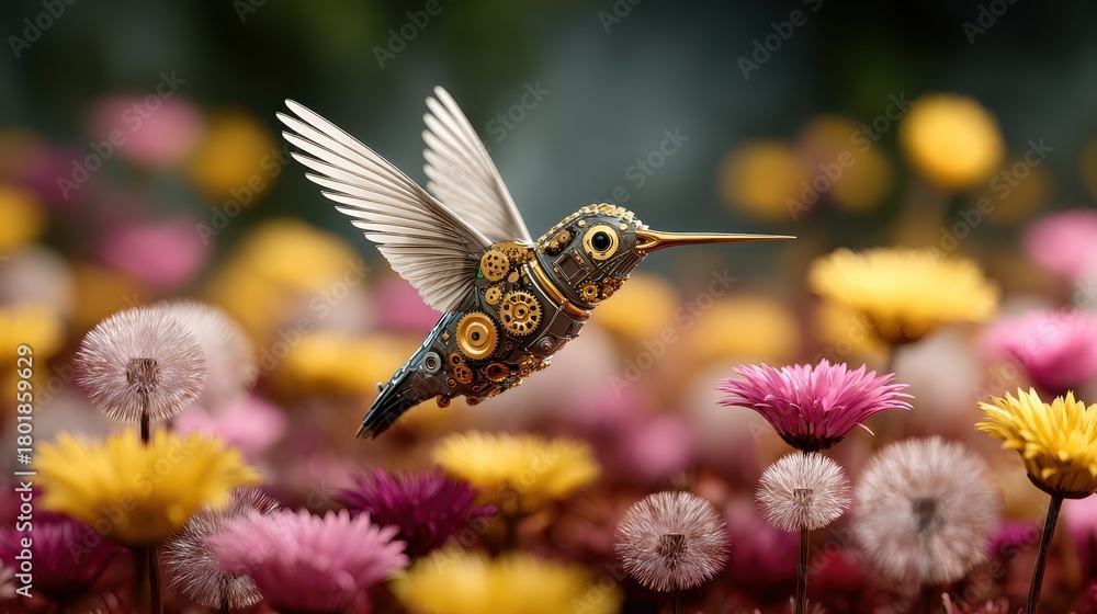 Fototapeta premium A mechanical hummingbird hovers amidst vibrant flowers, showcasing intricate gears and colorful petals in a whimsical, imaginative setting.