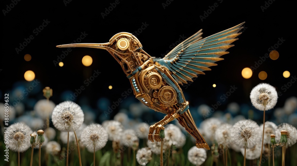 Obraz premium A mechanical hummingbird hovers above dandelions, showcasing a blend of nature and technology in a captivating, surreal scene.