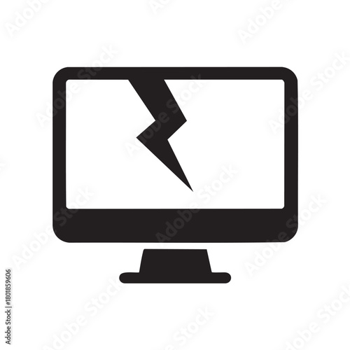 A flat screen computer monitor depicted in black with a large crack across the display surface