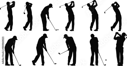 Golf swing silhouette sequence, male golfer poses, sports motion analysis, training stages, dynamic movement, flat vector, CAD drawing illustration