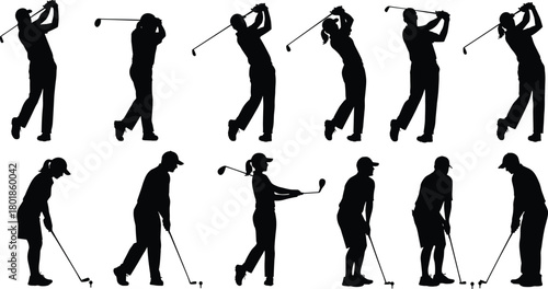 Golf pose silhouette, swing and stance variations, sports technique illustration, male golfer motion, flat vector, CAD drawing, training concept