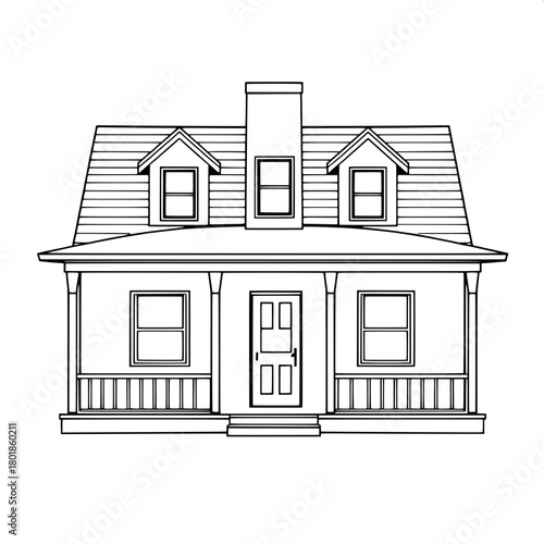 A crisp, outline-only house illustration using bold black linear strokes, showcasing a front-facing symmetrical structure with a centered chimney, multiple windows of varying sizes, and a minimal porc