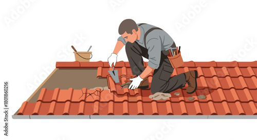 Skilled roofer diligently repairing cracked tiles on a terracotta roof, ensuring home protection and structural integrity