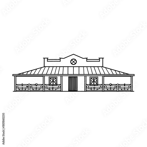 Detailed line art of a vintage ranch house with wraparound porch design element