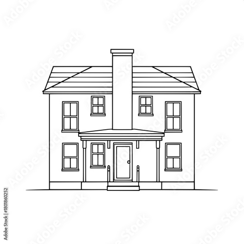 A crisp, outline-only house illustration using bold black linear strokes, showcasing a front-facing symmetrical structure with a centered chimney, multiple windows of varying sizes, and a minimal porc