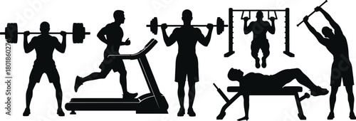 Gym workout silhouettes, barbell squat, treadmill running, pull-up, bench press, stretching, strength training, cardio exercise, fitness icons, healthy lifestyle