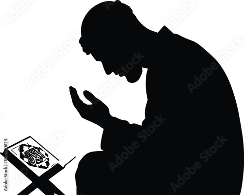 Muslim man praying, Quran reading, spiritual devotion, seated silhouette, black vector, religious moment, cad drawing flat vector illustration
