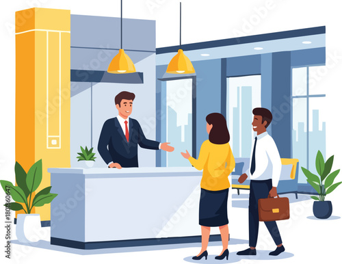 Illustration of a businessman greeting a couple at a bank reception desk in a modern office lobby with a cityscape view.