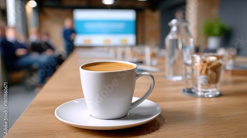 A close-up view of a coffee cup on a table in a meeting room, with a presentation screen and attendees visible in the background.