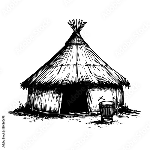 Rustic teepee dwelling with drum evokes tribal tradition and serene wilderness life