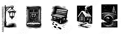 Vintage engraving winter town icons, street lamp, wreath door, bench with footprints, cabin, bridge at night