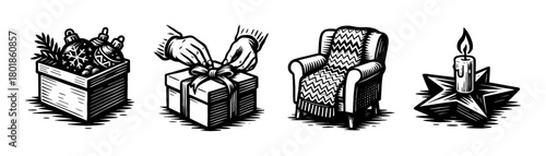 Cozy gifts christmas engraving icons, vintage holiday home illustration