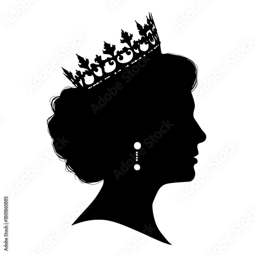 Regal silhouette of a queen adorned with pearl earrings and a crown design
