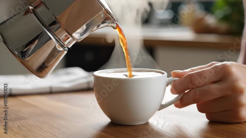 Close-up of coffee being poured from a stovetop espresso maker into a white cup, showcasing the rich color and steam, emphasizing the brewing process and warmth of the moment