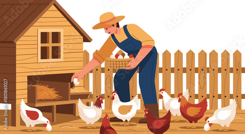 Farmer collecting fresh eggs from happy chickens in a rustic coop, embodying sustainable agriculture and natural living