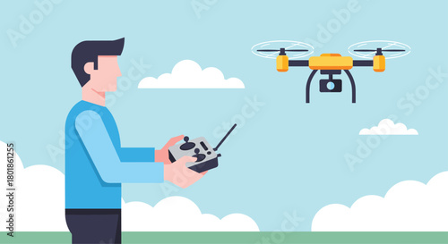 Man expertly pilots a modern drone through a clear blue sky with fluffy clouds and green ground below