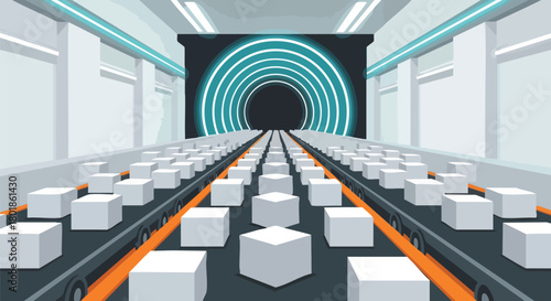 An automated factory conveyor transports identical white boxes through a futuristic, glowing tunnel, representing efficiency and production.