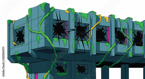 An abstract illustration of a building with broken windows and overgrown vines, rendered in a cartoon style, suggesting decay and neglect.
