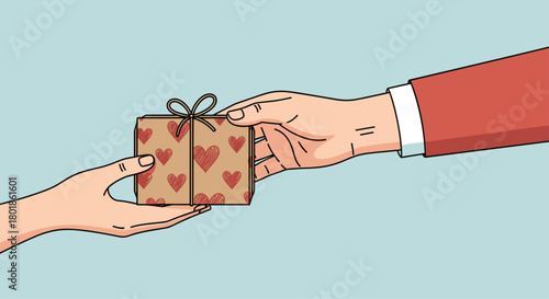 Joyful moment as one hand gratefully receives a beautifully wrapped gift adorned with charming hearts