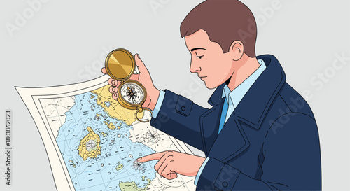 Focused man studies nautical map with vintage compass, planning adventure and charting a course through islands