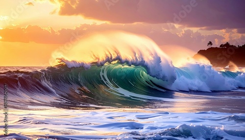 Fototapeta Naklejka Na Ścianę i Meble -  A powerful ocean wave barrels and crashes near a tropical coastline during a vibrant sunset.