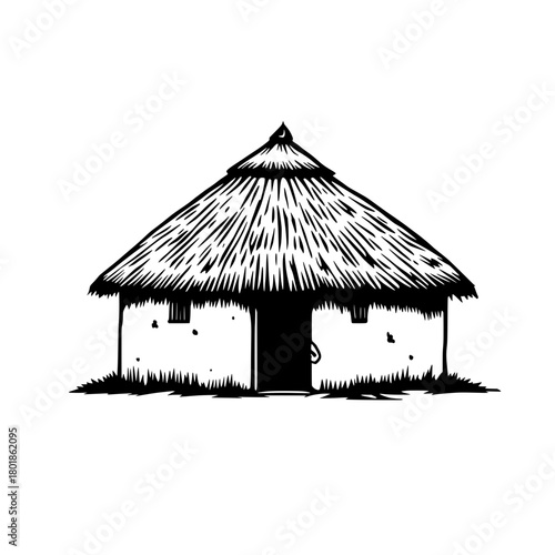 Rustic tribal hut with thatched roof evokes tradition and simple living concept