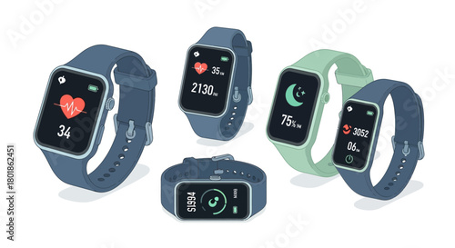Illustration of various smartwatches with different health tracking features displayed on their screens.