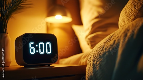 Digital alarm clock showing 6,00 am on wooden nightstand beside sleeping woman, soft bedroom lighting highlighting peaceful morning moment