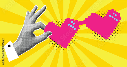 Rose-colored glasses, love magazine illustration, pop art banner, halftone style, dotted line effect, hand holding heart on yellow background.