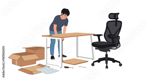 Determined person assembling modern office desk and chair, unpacking new workspace essentials with tools and boxes nearby