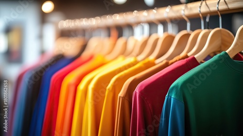 Wallpaper Mural Vibrant t-shirts in various colors hanging neatly on wooden hangers in a stylish retail display. Torontodigital.ca