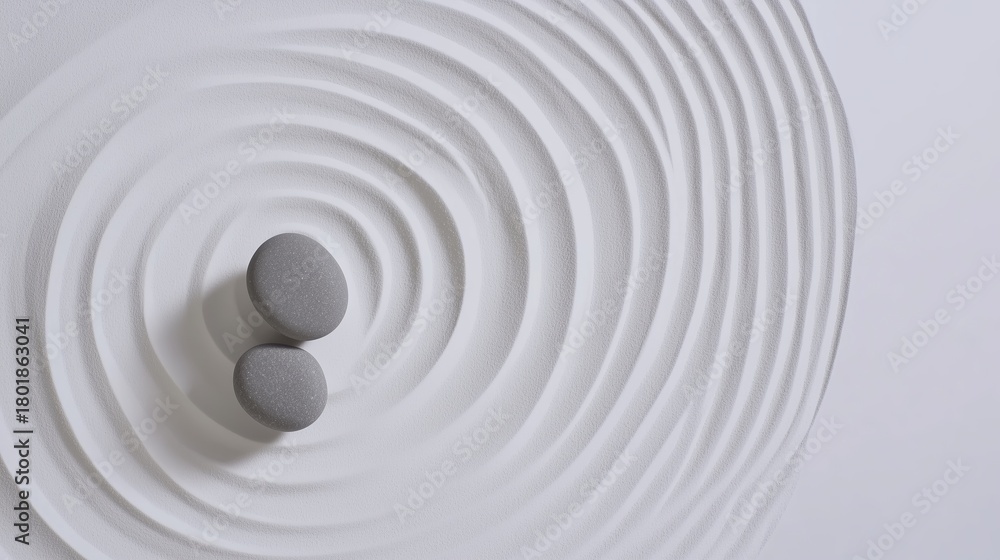 Obraz premium Minimalist Zen Art with Round Stones and Rippled Sand Patterns. Ideal for themes of minimalism, well-being, and natural aesthetics.