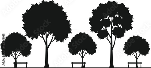 Park tree bench silhouettes, outdoor scene, nature icons, landscape design, urban relaxation, minimal vector art, peaceful environment, black illustration