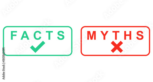 Facts vs myths icons with check mark icon button myths facts label banner with checkmark icon. popup buttons