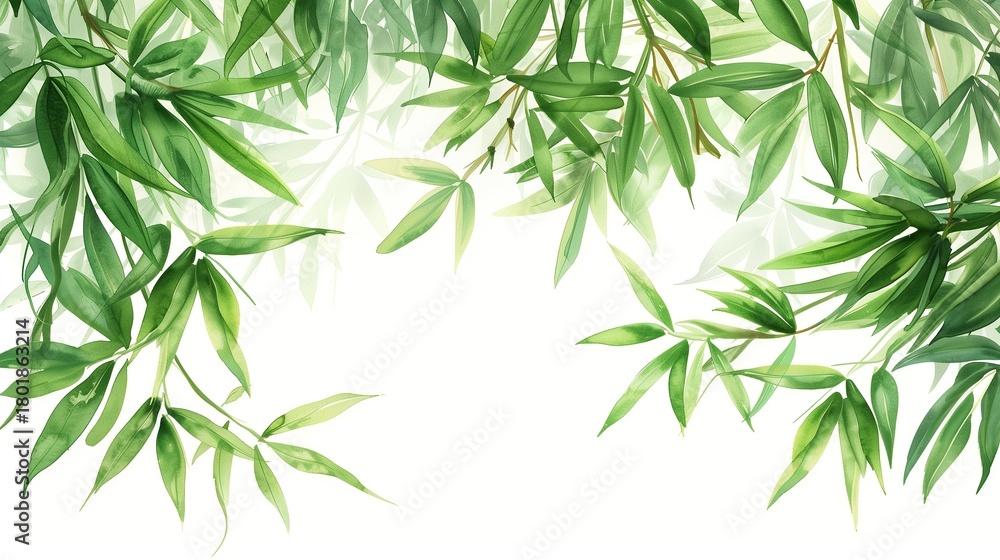 Fototapeta premium Green Bamboo Leaves Overhanging With White Background for Natural Design