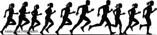 Running silhouette sequence, male and female runners, dynamic stride motion, sports training concept, fitness movement, flat vector, CAD drawing illustration