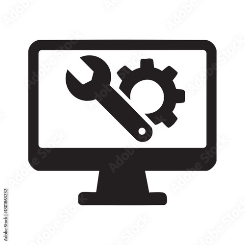 A black and white computer monitor displays a wrench and gear icon symbolizing system maintenance and software troubleshooting
