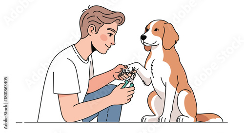 Caring young man gently trimming his happy dog's nails with clippers in a clean, bright setting