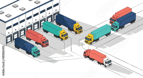 Modern Isometric Logistics Hub with Semi-Trucks Loading and Unloading at a Distribution Warehouse for Global Supply Chain Management and Freight Transport