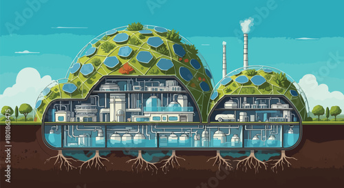 Futuristic eco-friendly biodome city with sustainable energy and underground infrastructure, green technology concept