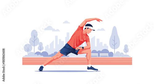 Dynamic man stretches actively in urban park, embracing healthy city living and outdoor fitness routines