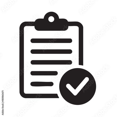A simple black and white icon depicting a clipboard with lines and a checkmark symbol