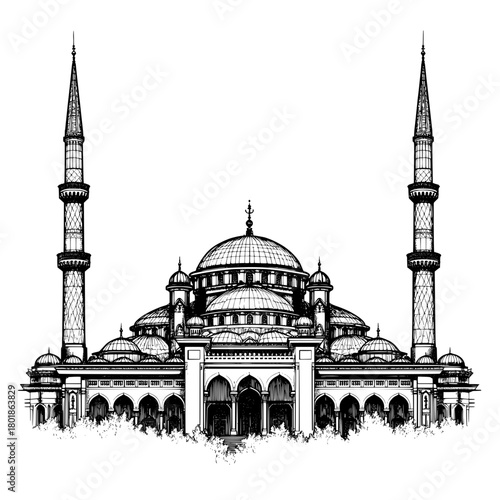 Majestic mosque architectural drawing with twin minarets and grand domes