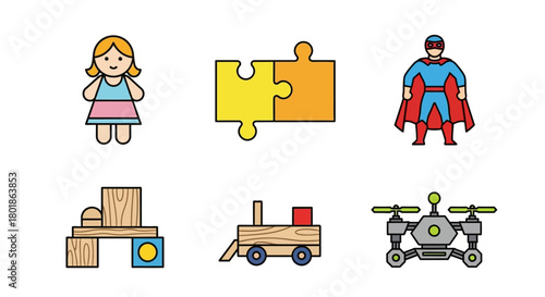 Illustration of toys including a doll, puzzle, superhero, blocks, train, and drone.