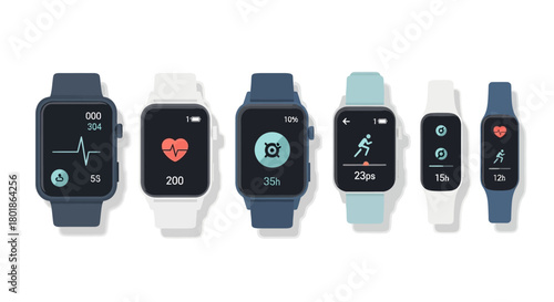 A collection of smartwatches with various health and fitness tracking features displayed on their screens.