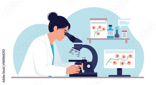 Focused scientist meticulously examines specimens under a microscope, advancing research in a modern laboratory setting
