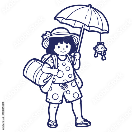 Girl with umbrella going to the beach for summer vacation fun and recreation featuring playful and carefree childhood joy in a hand drawn style