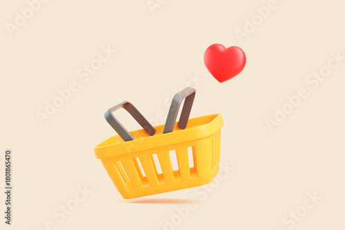 3D shopping basket with red heart on beige background